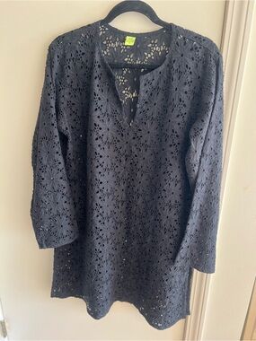 Raj Handcrafted Black Eyelet Swim Cover Up Tunic XL Cotton Floral Resort